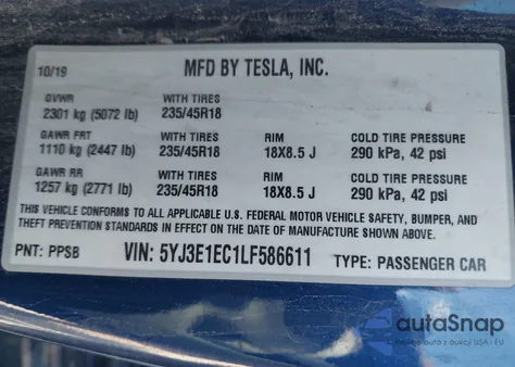 2020 Tesla Model 3 Performance from USA, damaged, VIN 5YJ3E1EC1LF586611